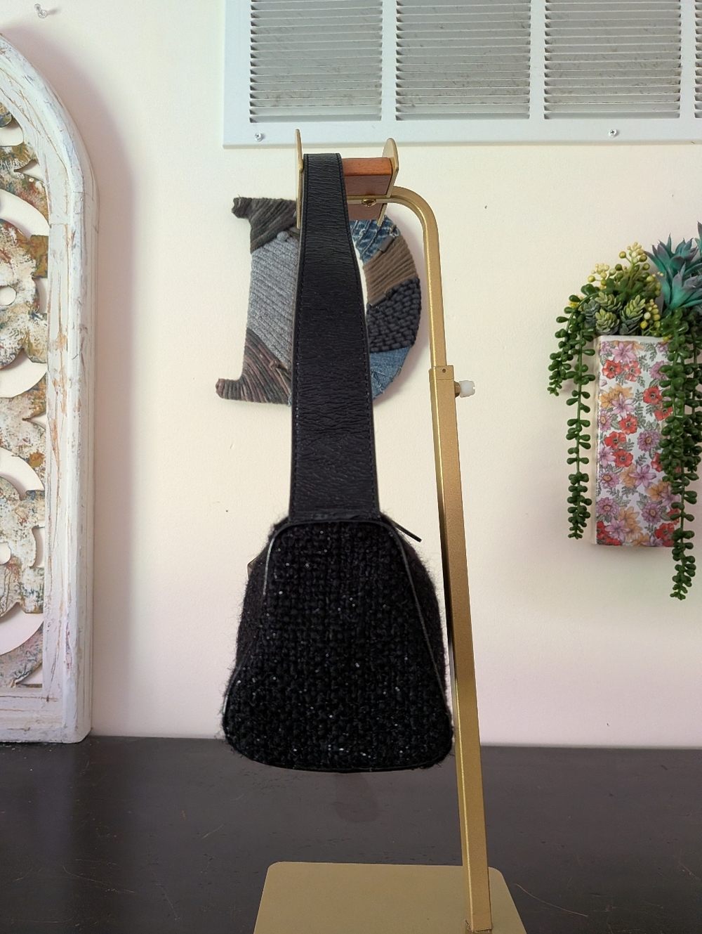 Kate Spade Vintage Look Black Wool Bouclé Sparkle Baguette Bag with Turnlock - Picture 5 of 12